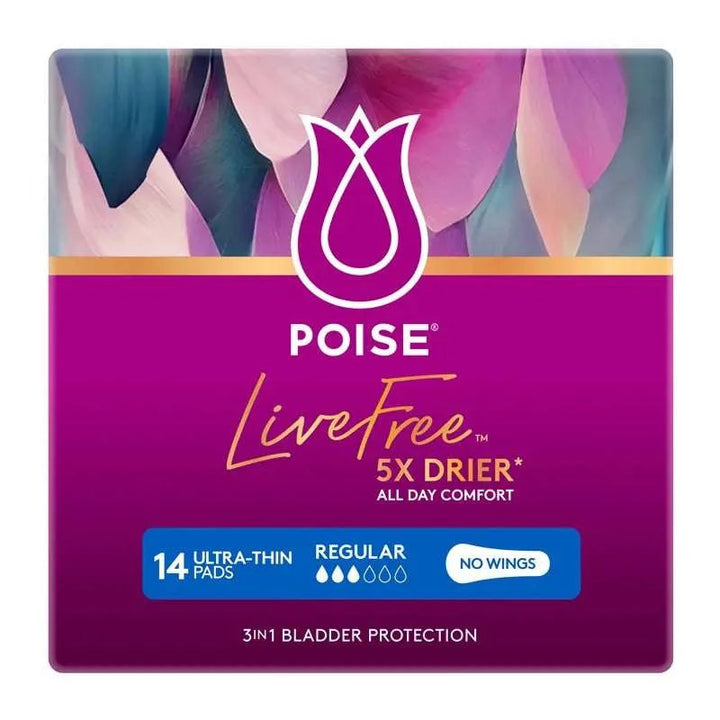 Poise LiveFree Regular Pad No Wings by Sigma, featuring a soft surface and absorbent core for comfortable protection.