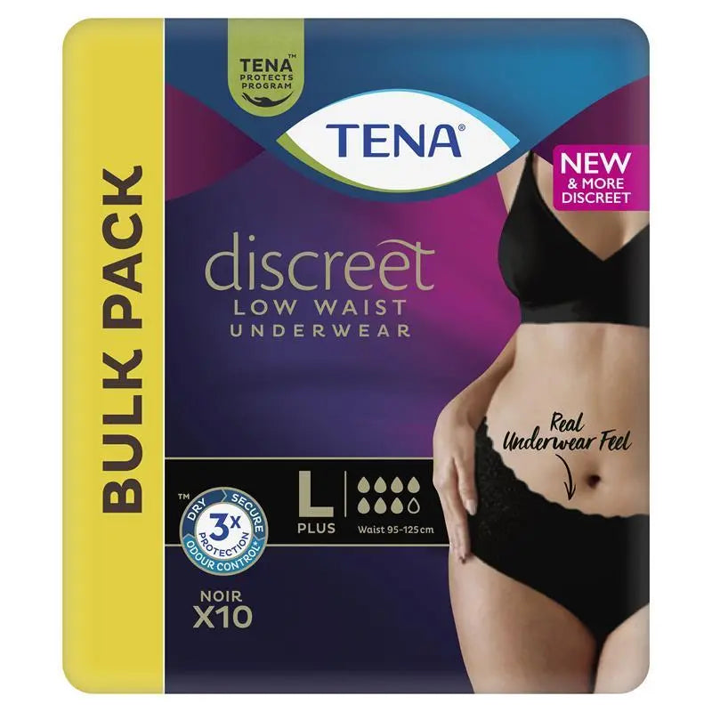 Tena Women's Discreet Low Waist Noir continence pants by Sigma, black, designed for comfortable incontinence management.