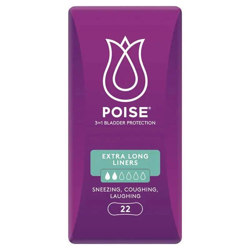 Extra long Poise liners by Sigma in a 22 pack, displayed in a clean, organized arrangement on a neutral background.