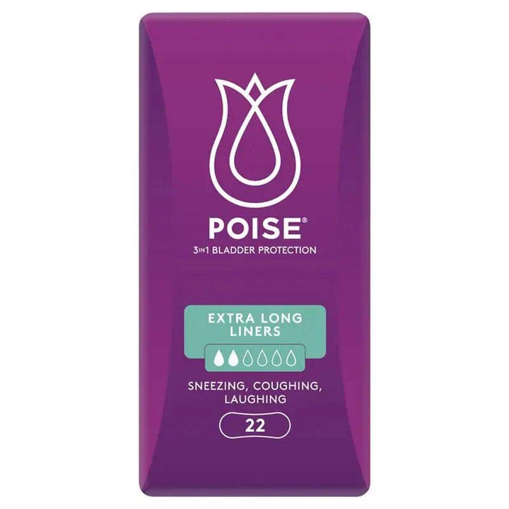 Extra long Poise liners by Sigma in a 22 pack, displayed in a clean, organized arrangement on a neutral background.