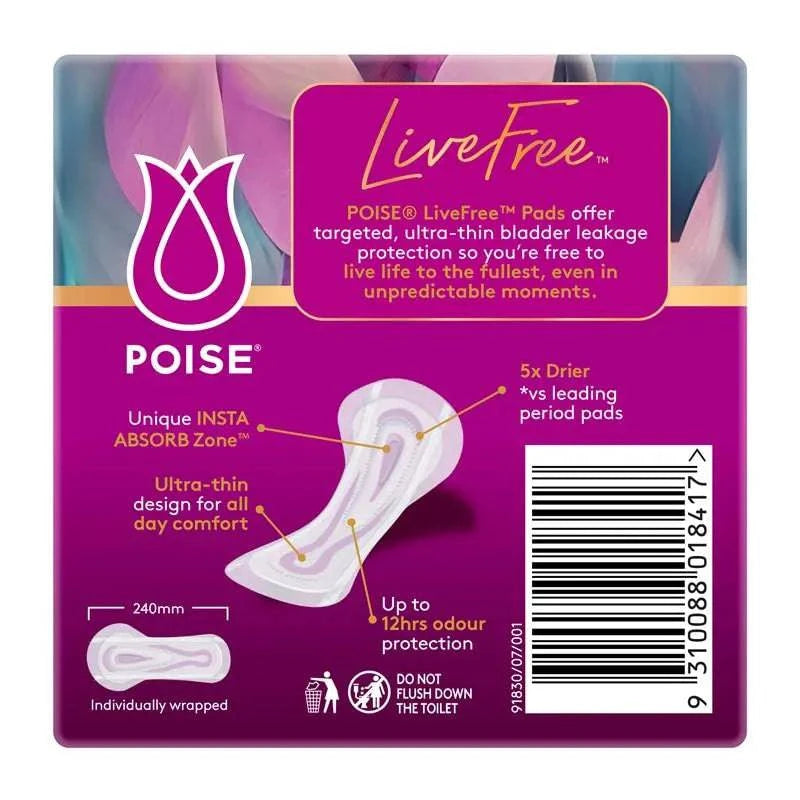 Poise LiveFree Regular Pad No Wings by Sigma, featuring a soft, absorbent surface for continence protection.