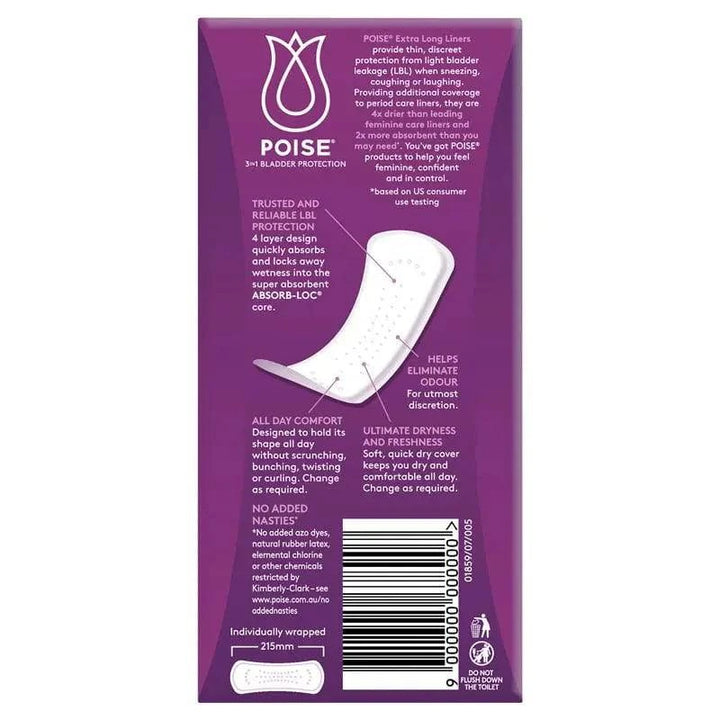 Sigma Poise Extra Long Liners in a 22 pack, showcasing the packaging and product design for continence care.
