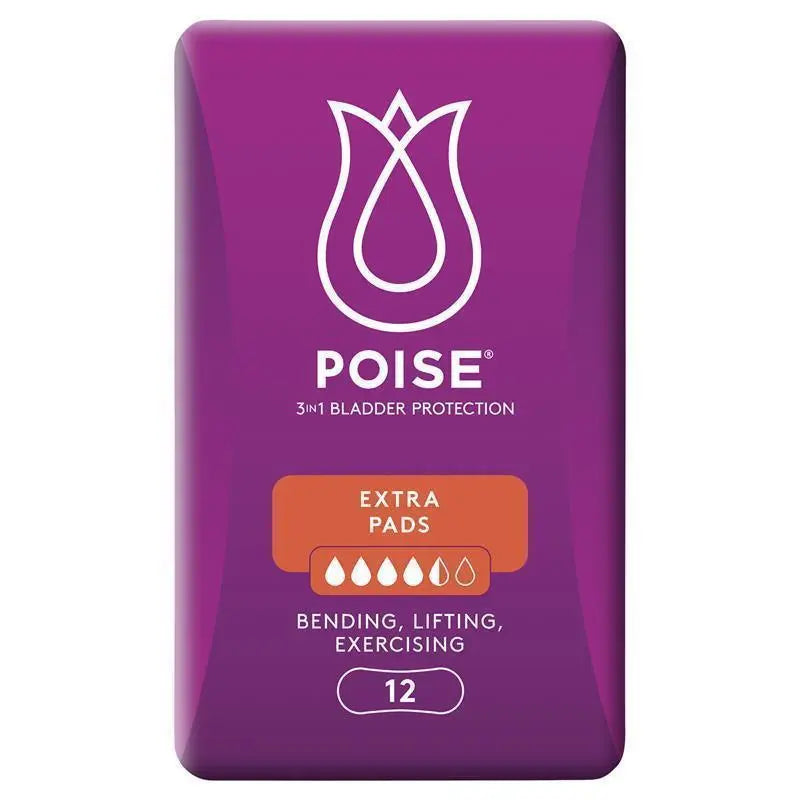 Poise pads for bladder leaks in a 12-pack, featuring soft, absorbent material for comfort and protection.