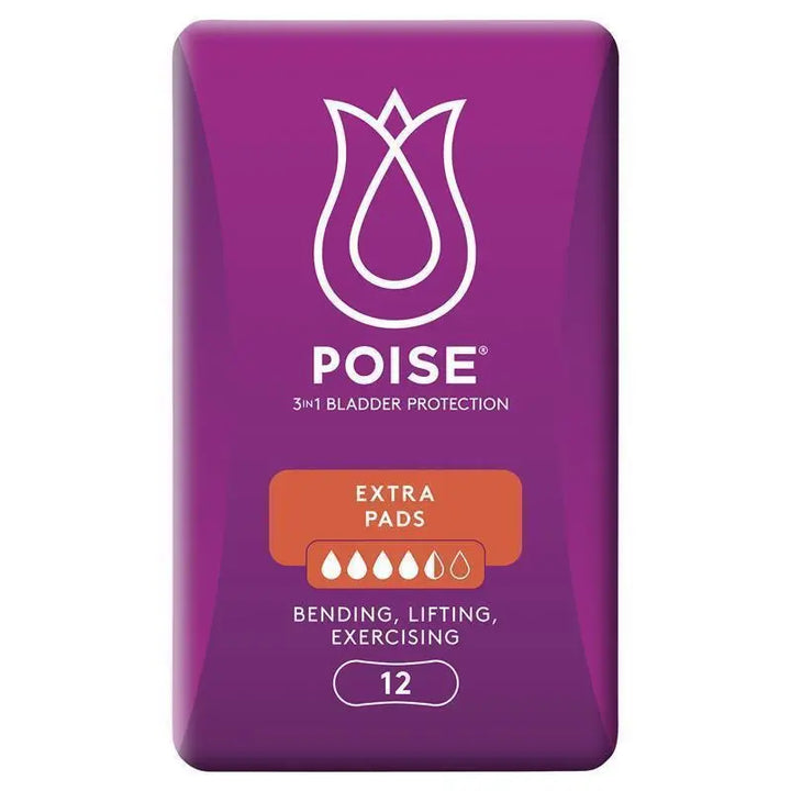 Poise pads for bladder leaks in a 12-pack, featuring soft, absorbent material for comfort and protection.