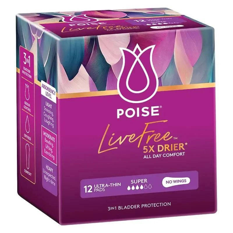 Poise Livefree Super No Wings pads in a 12 pack, designed for continence protection with a soft, absorbent surface.