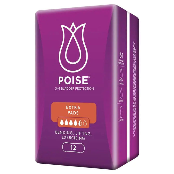 Poise Pads for bladder leaks extra, 12 pack, showcasing absorbent design and packaging by Sigma.