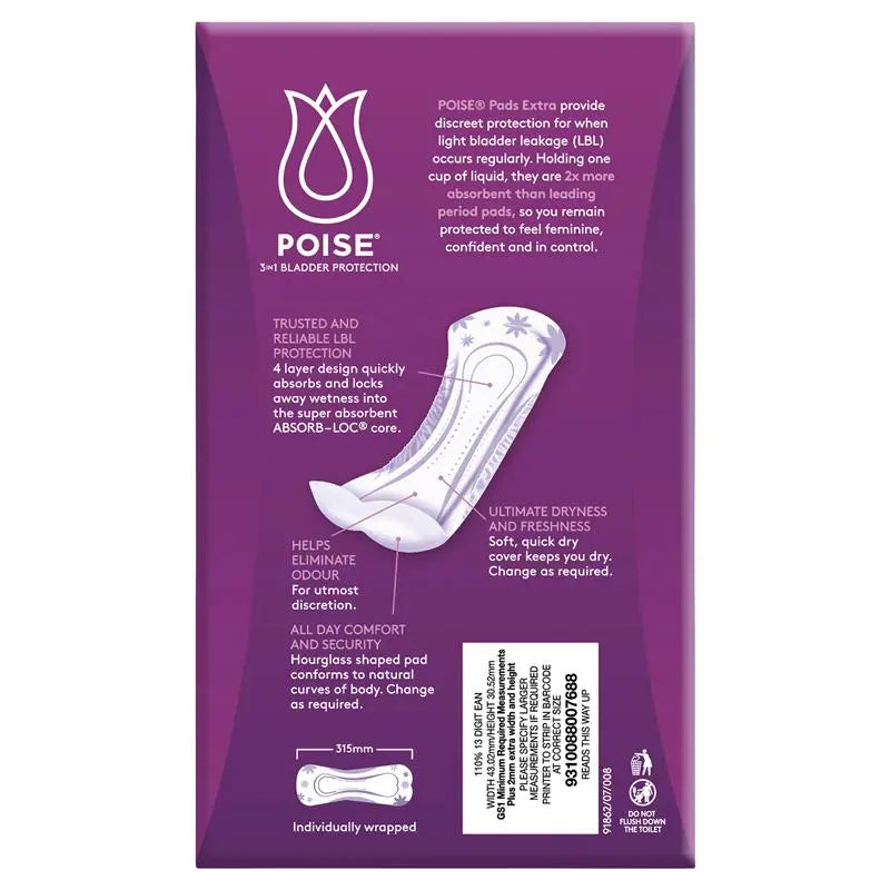 Poise Pads for bladder leaks, extra absorbency, 12-pack, by Sigma, displayed with packaging and product details visible.