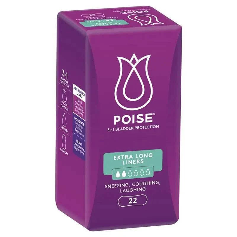 Extra long Poise liners in a 22 pack, designed for continence protection, featuring a soft, absorbent surface.