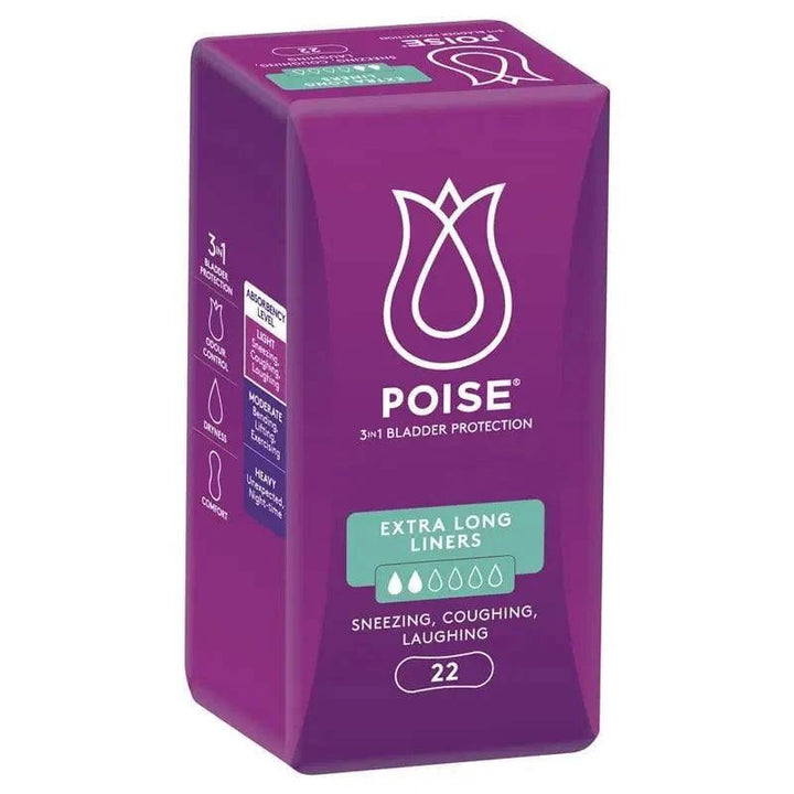 Extra long Poise liners in a 22 pack, designed for continence protection, featuring a soft, absorbent surface.