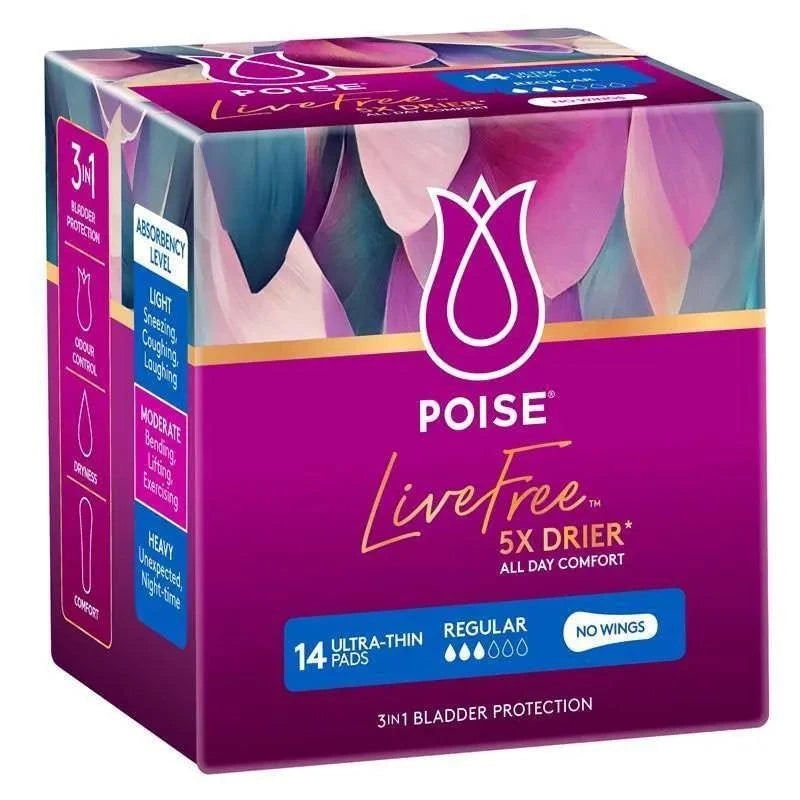 Poise LiveFree Regular Pad No Wings by Sigma, showing a soft, absorbent pad designed for continence care.