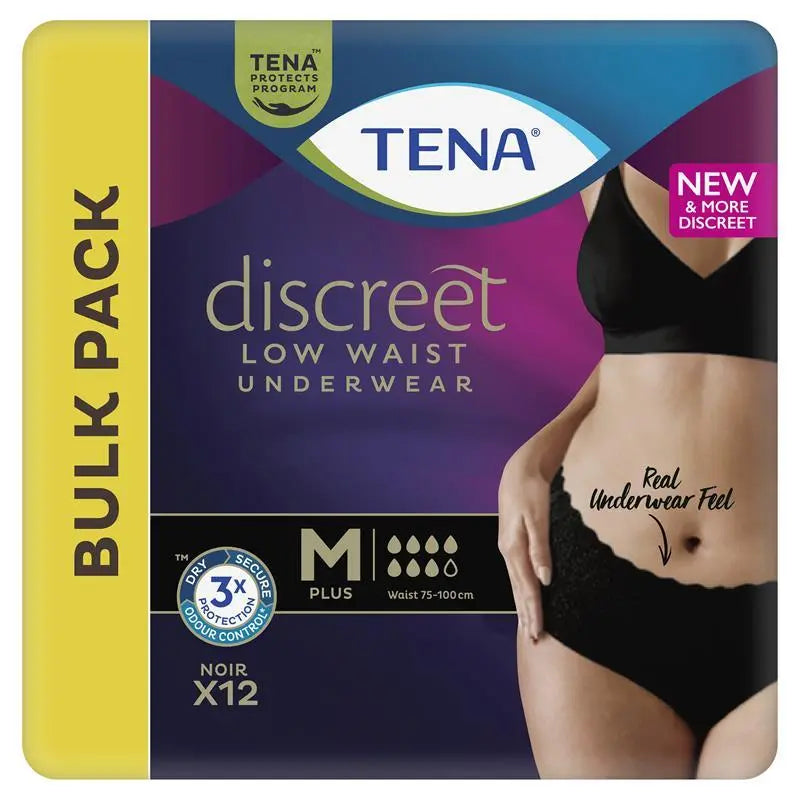 Tena Women's Discreet Low Waist Noir continence pants by Sigma, black, discreet design, with soft fabric and secure fit.