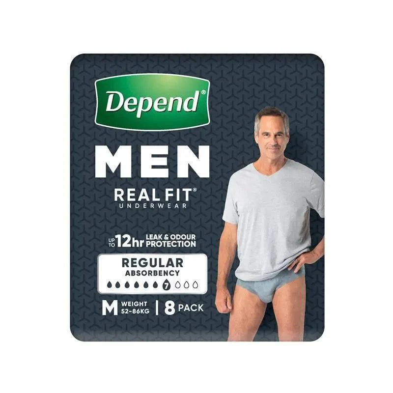 Depend Men Real Fit Underwear Medium 8 Pack for continence, featuring discreet, comfortable incontinence underwear by Incare Supports.