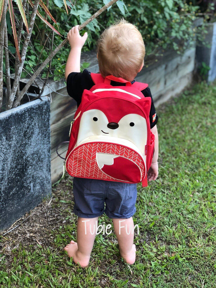 Tubie Fun Modified Backpack used for nutrition, featuring adjustable straps and compartments for personal feeding supplies.