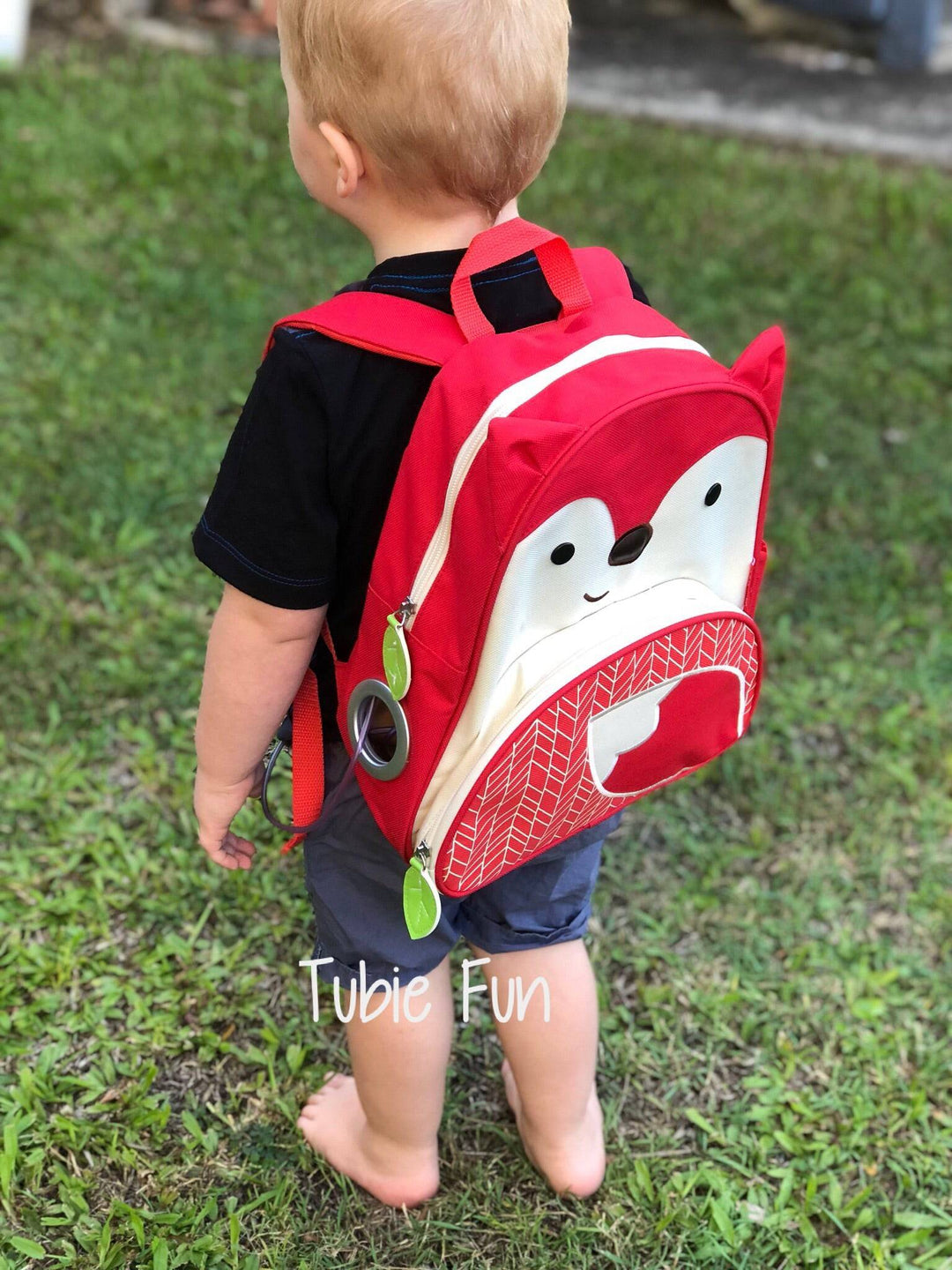 Tubie Fun Modified Backpack for nutrition, featuring adjustable straps and colorful design, designed for easy feeding access.