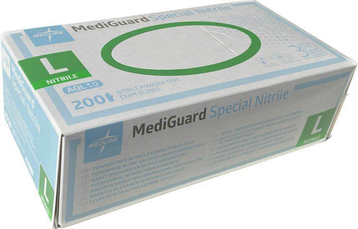 Medline MediGuard Special Nitrile Exam Gloves for continence care, showing large size gloves with textured fingertips.