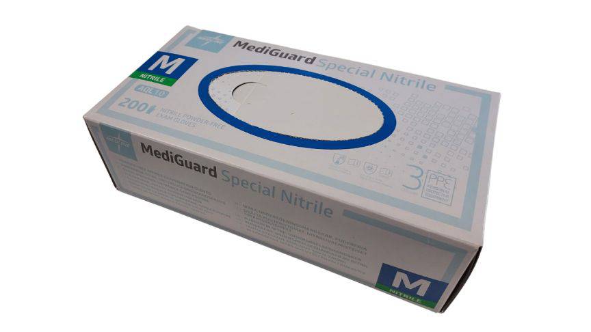 Medline MediGuard® special nitrile exam gloves in medium size, showcasing their textured surface and durable material.