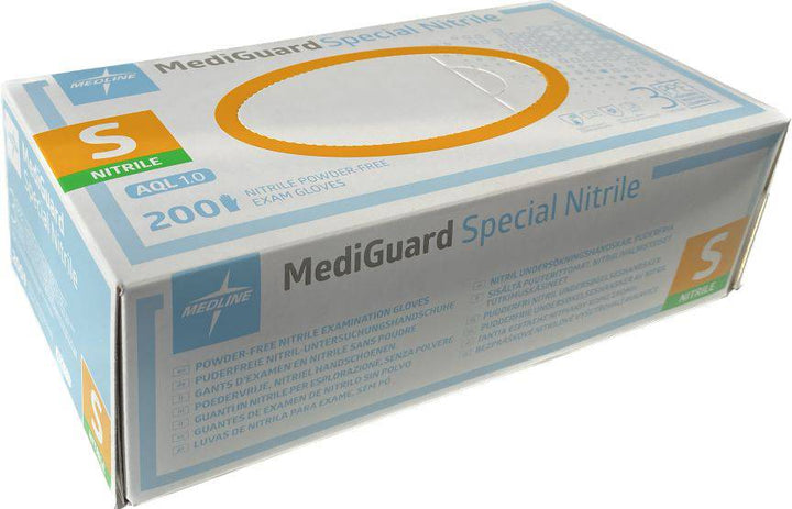 Medline MediGuard Special Nitrile Exam Gloves for continence, shown as a box of blue nitrile protective gloves.