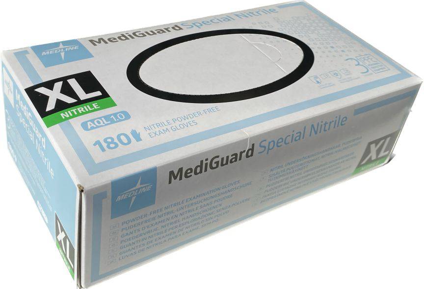 Medline MediGuard Special Nitrile Exam Gloves in XL size, designed for continence care, showing textured blue nitrile material.