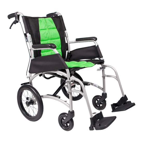 Green Aspire VIDA Attendant Propelled mobility wheelchair by Aidacare, showcasing its sleek design and comfortable seating.