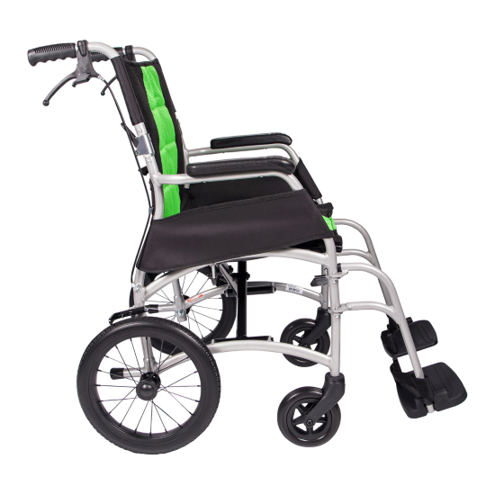 Aidacare VIDA Attendant Propelled mobility wheelchair in green, showcasing comfortable seat and sturdy wheels.