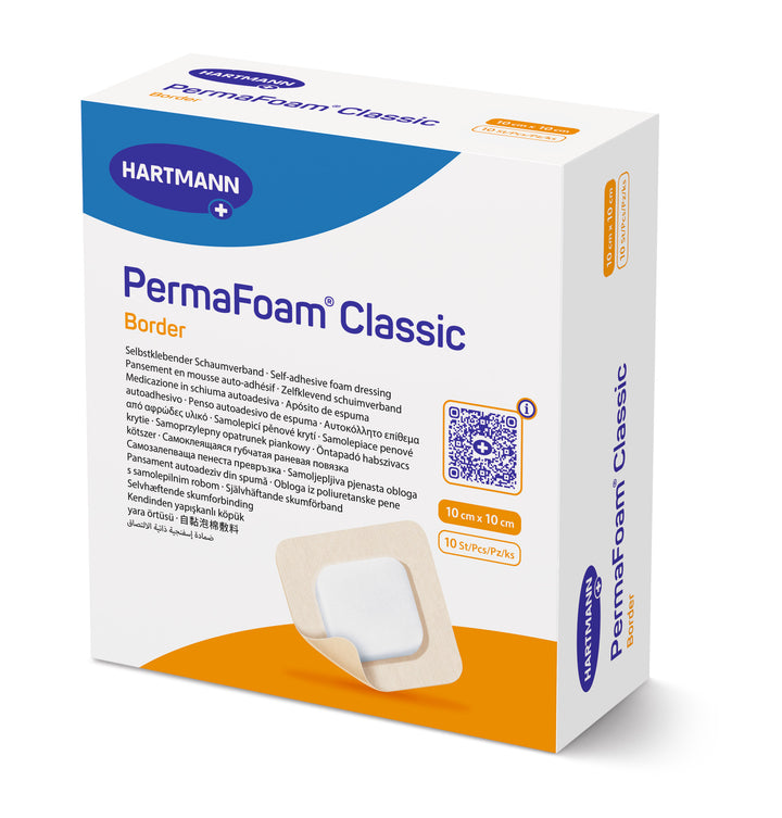 MoliCare PermaFoam Classic Border wound care dressing packshot, 10x10cm foam dressing with border for wound protection and healing.