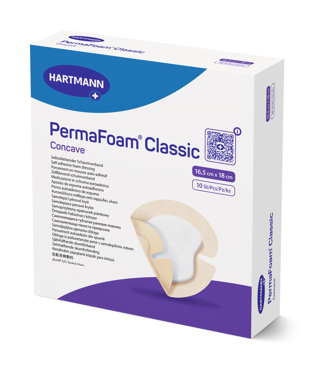MoliCare PermaFoam Classic Border wound care foam dressing in a packshot, showing the 16.5x18cm concave dressing on a white background.