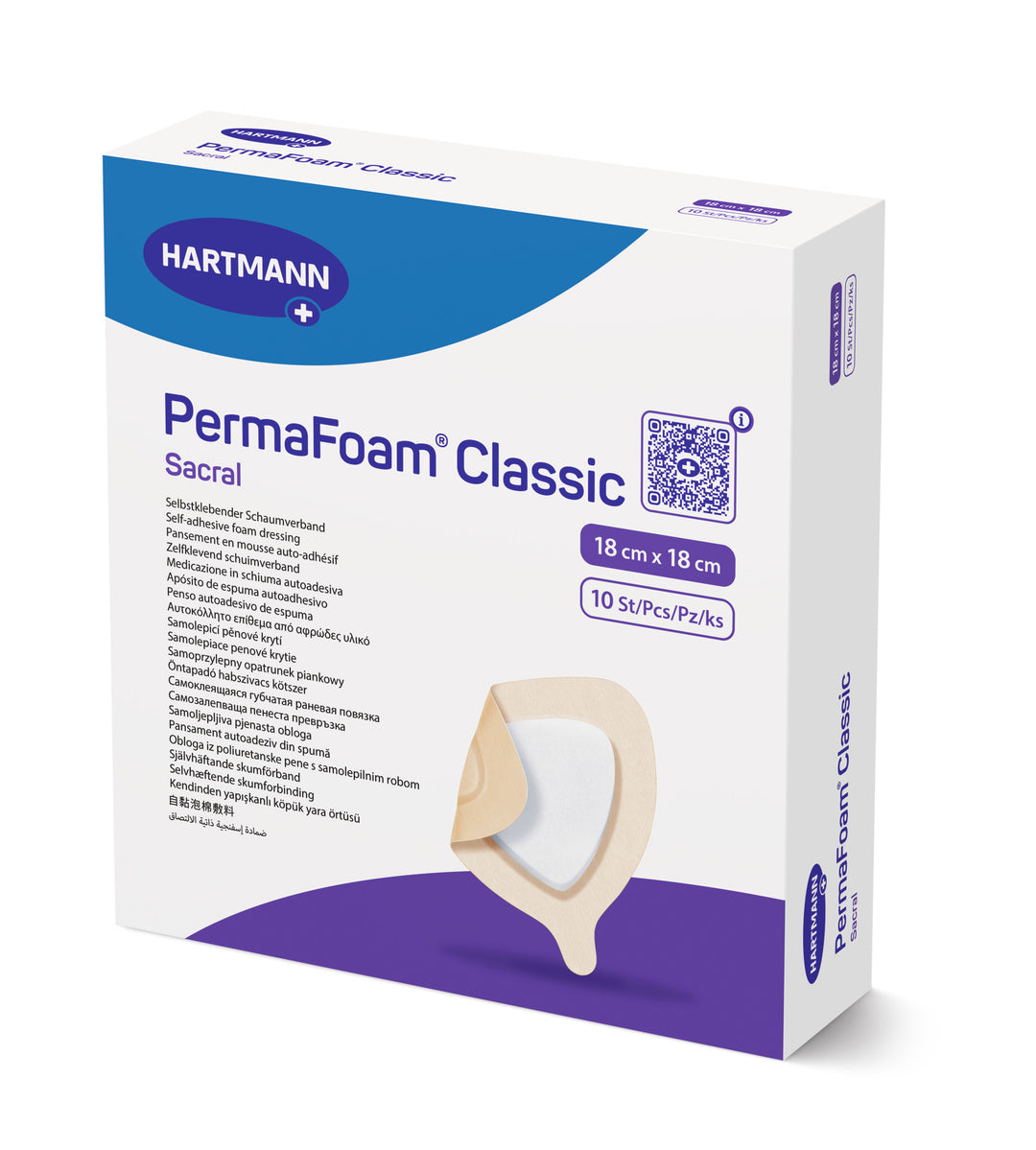 MoliCare PermaFoam Classic Border wound care foam dressing in 18x18cm pack for sacral wounds.