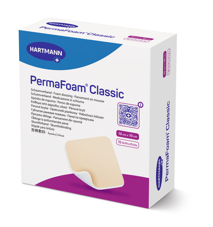 MoliCare PermaFoam Classic non-border wound care foam dressing, 10x10cm size in a packshot view.