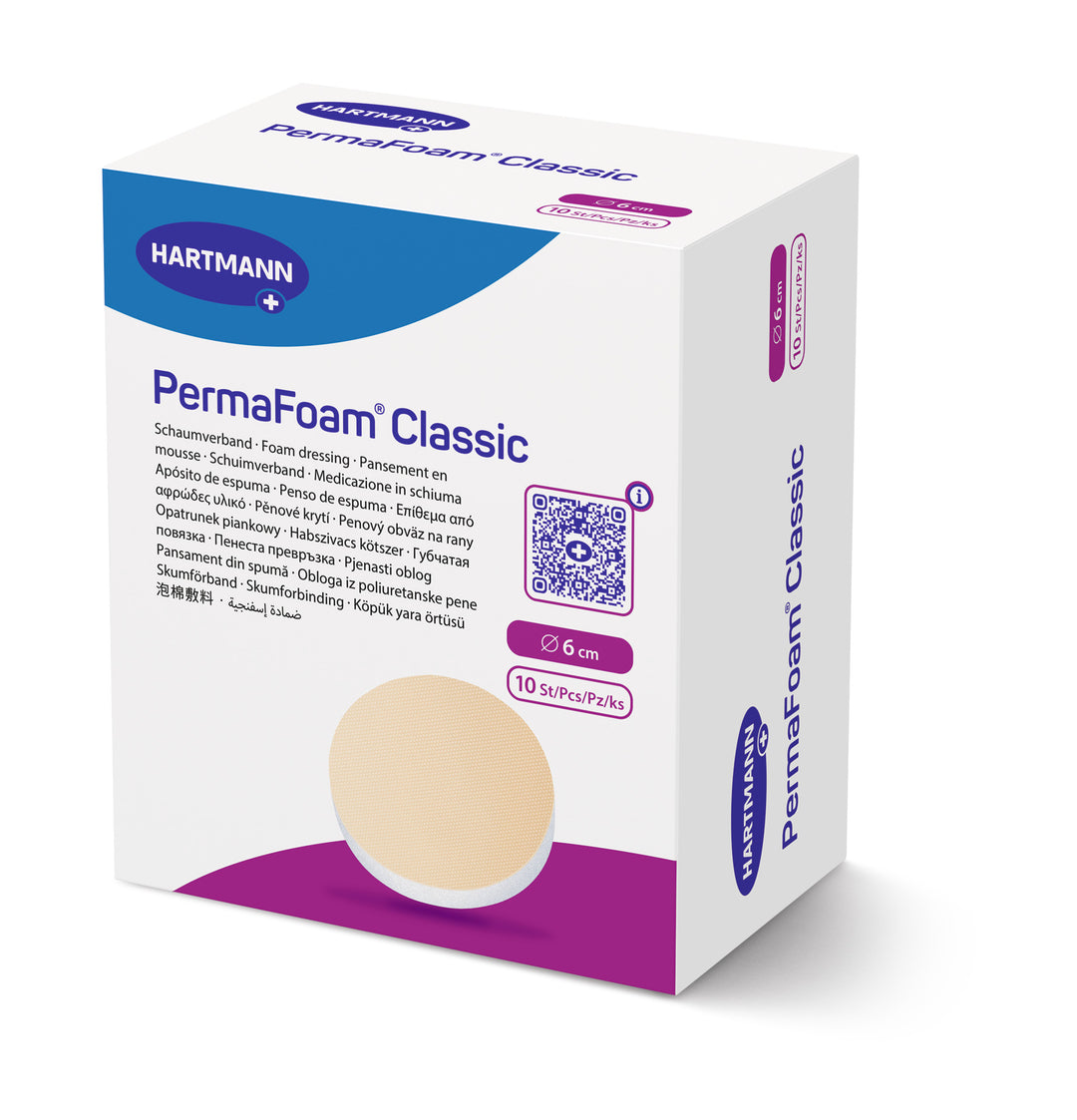 MoliCare PermaFoam Classic wound care foam dressing, non-border, 6cm size, in a packshot showing product details.