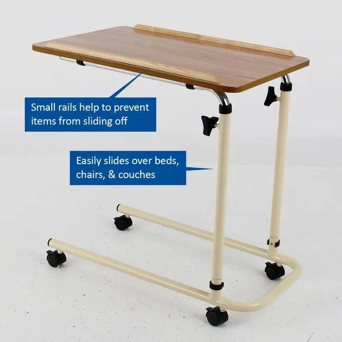 Performance Health Homecraft tilting overbed table with castors, shown flat-packed for easy assembly and mobility.