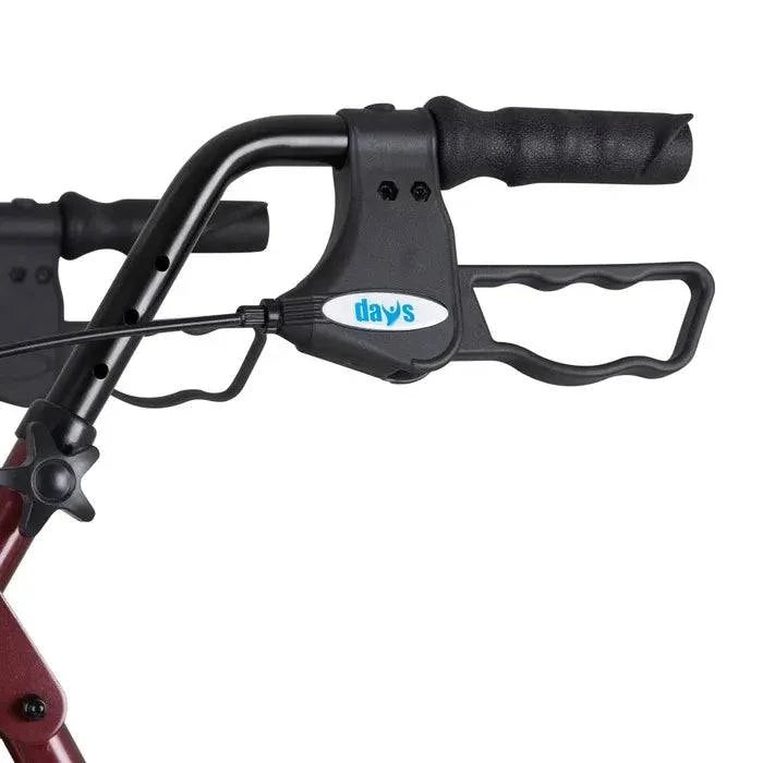 Red DAYS 111 Bariatric Rollator by Performance Health, featuring sturdy frame and comfortable hand grips for mobility support.