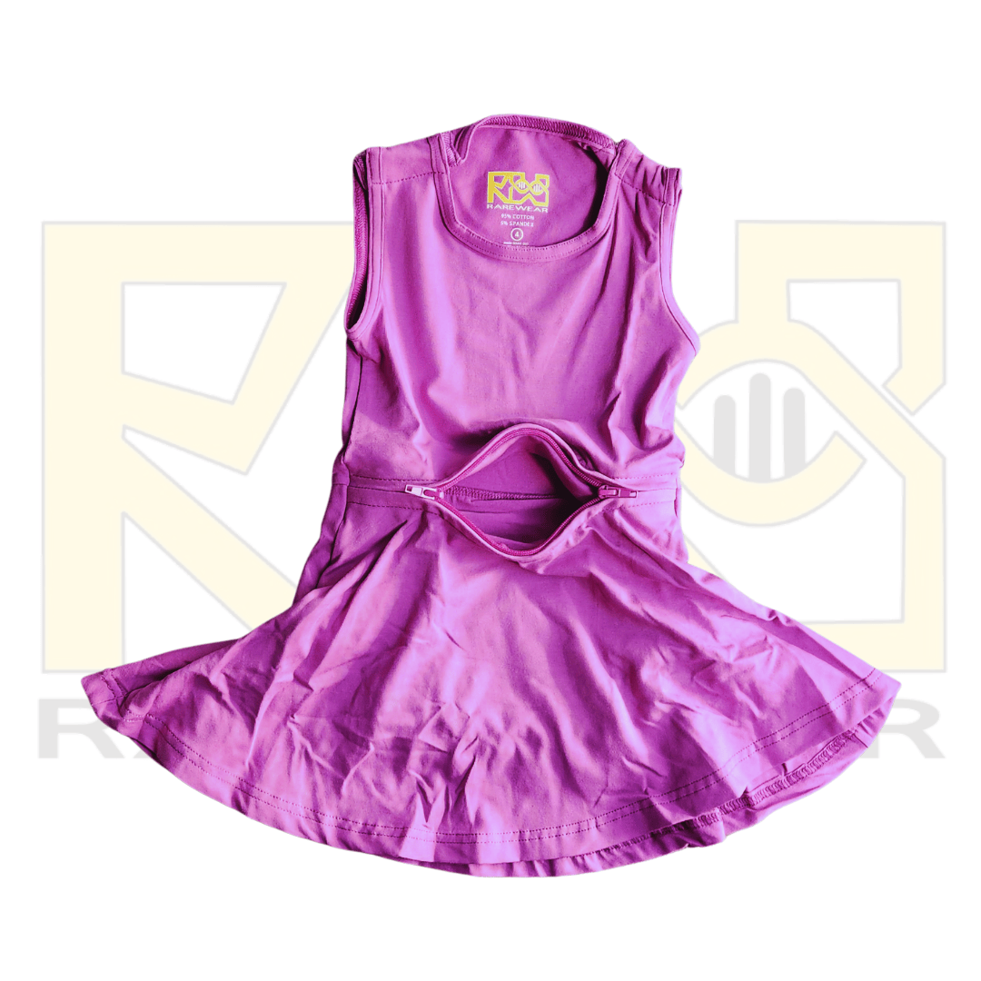 Purple RareWear OneEase adaptive dress for kids, featuring comfortable, easy-to-wear clothing design, shown on a child.