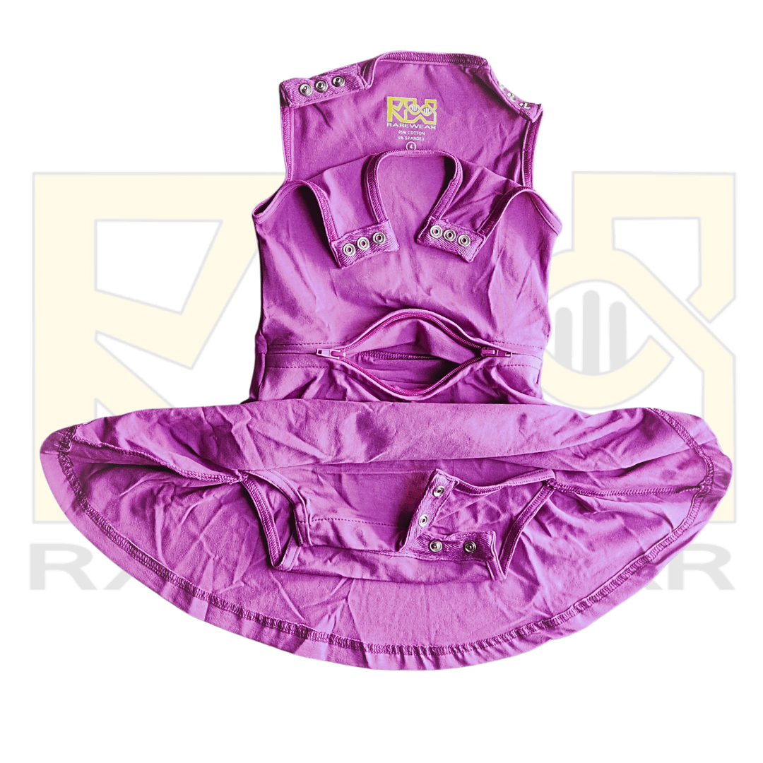 Purple RareWear OneEase Adaptive Dress for kids, featuring a comfortable, stylish design with easy-to-wear clothing features.