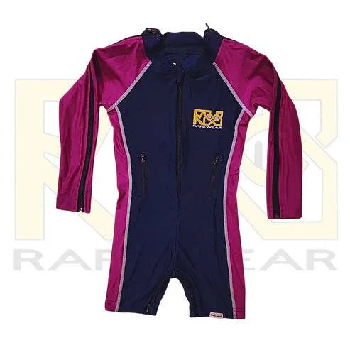 Kids' RareWear HydroEase swim suit in vibrant purple with wave pattern, perfect for summer swimming adventures.