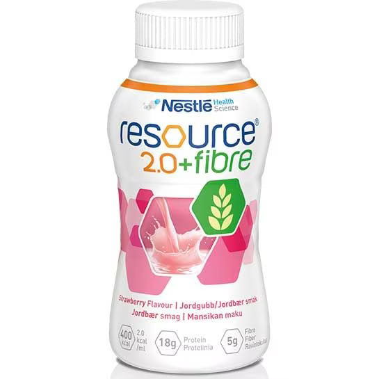 Nestlé Resource 2.0 Fibre Strawberry nutrition drinks in 200mL cartons, featuring a vibrant pink strawberry flavor.