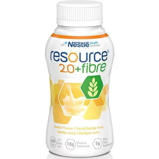 Nestlé Resource 2.0 Fibre Vanilla nutrition drink in 200mL bottles, displayed in a neat arrangement.