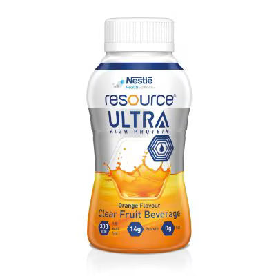 Nestlé Resource ULTRA Clear orange-flavored nutritional beverage in 200mL bottles, arranged in a pack of 24.