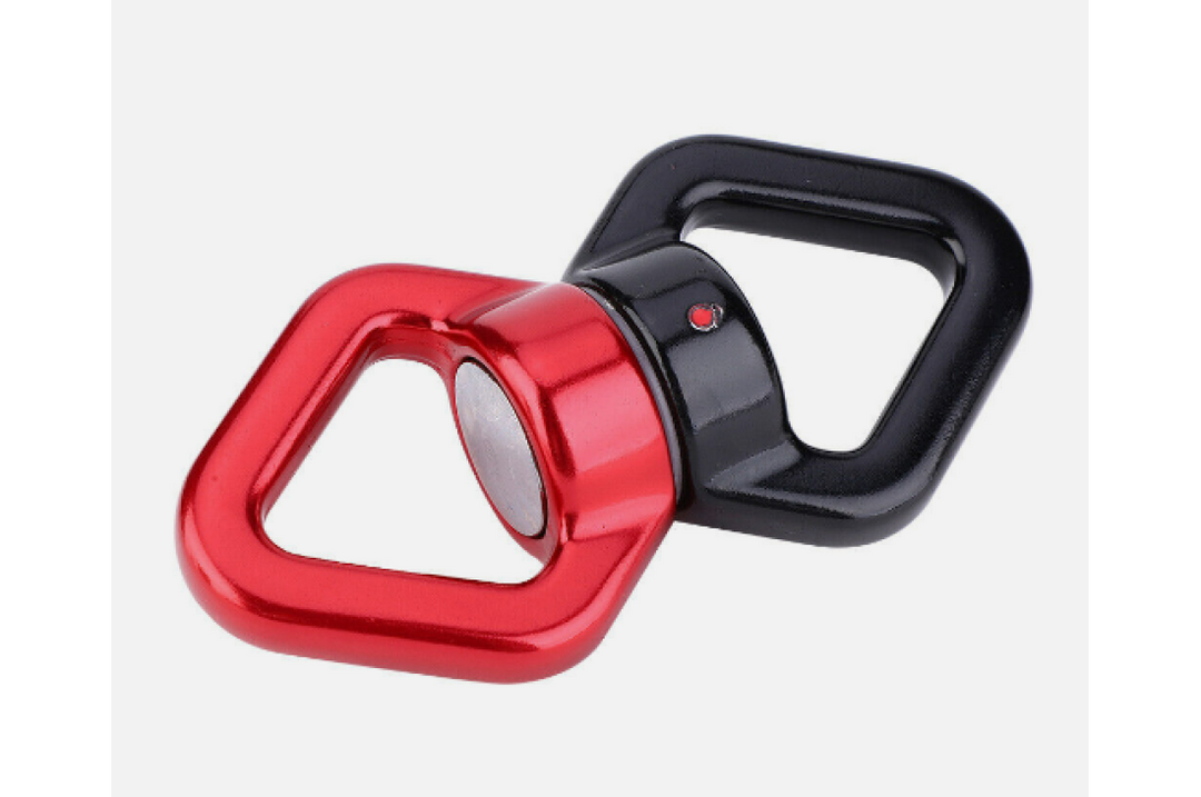 Red and black safety rotational swing hook for play equipment by Special Needs Play Equipment, showcasing durable design.