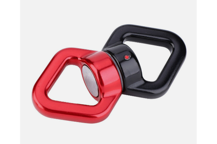 Red and black safety rotational swing hook for play equipment by Special Needs Play Equipment, showcasing durable design.