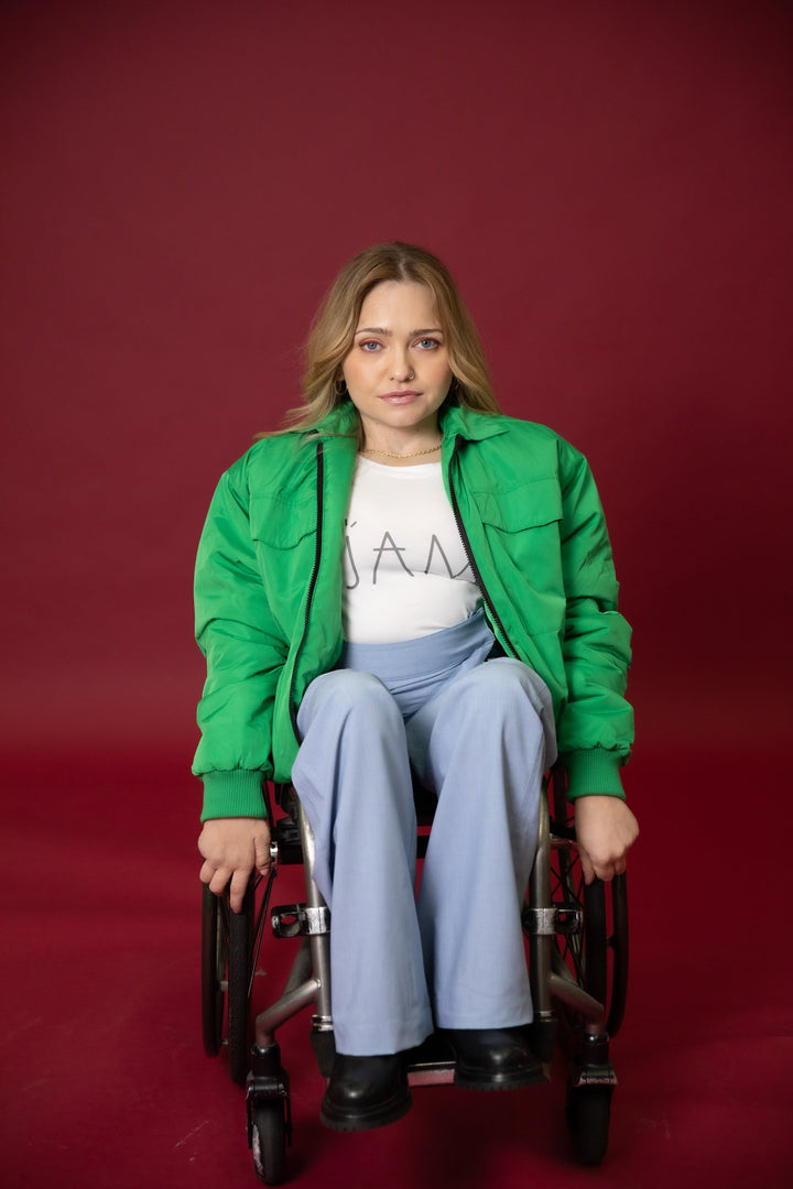 JAM the Label Magnetic Zip Bomber Jacket in a front view, showcasing its stylish design and zip closure.