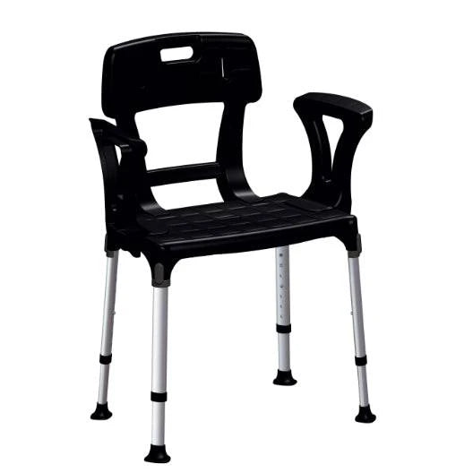 Black King Shower Seat with back and armrests, designed for mobility support by Performance Health.