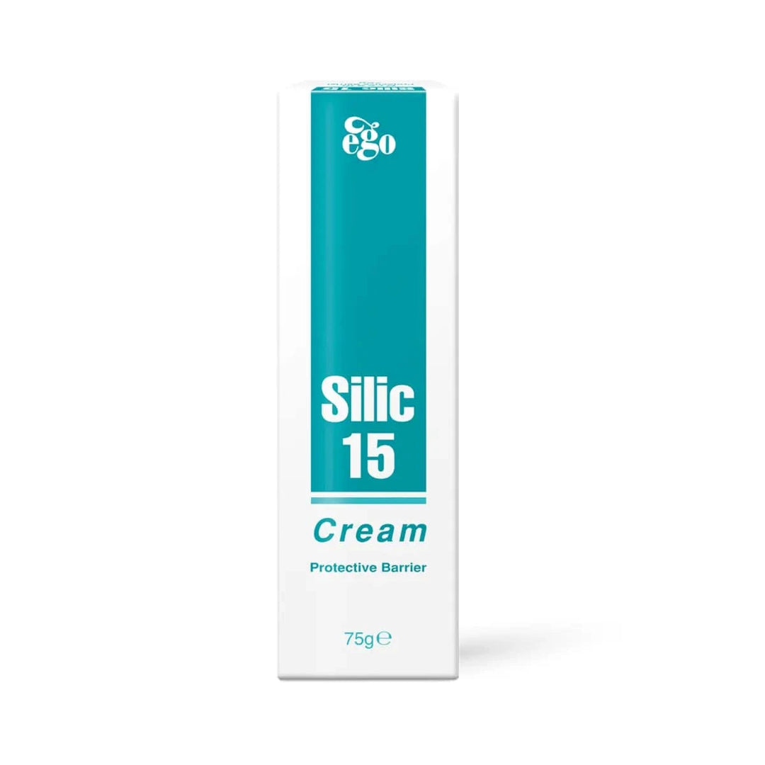 Ego Silic 15 Cream 75g jar showing smooth, white skin care cream in a container, designed for skin hydration and protection.
