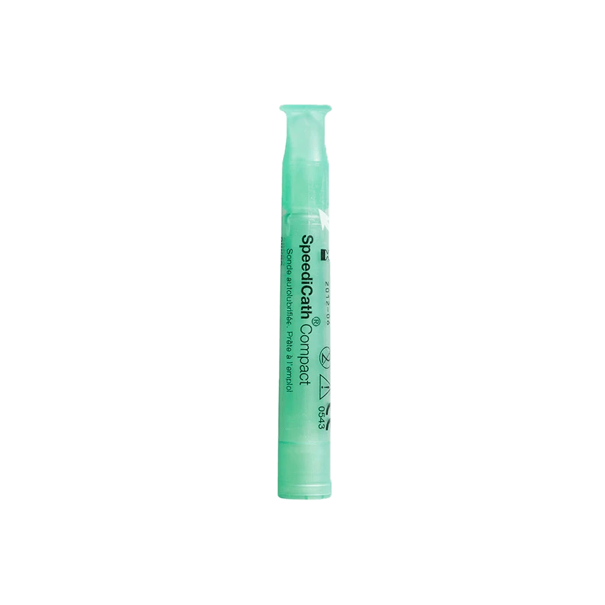 Coloplast Speedicath Compact Female urinary catheter, compact and discreet design, with a sterile packaging and smooth surface.
