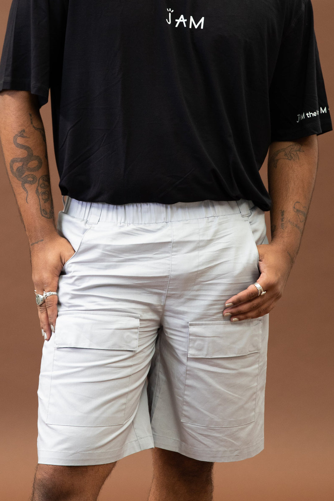 JAM the Label Easy-On Cargo Shorts in a close-up view, showcasing the front design and pockets.