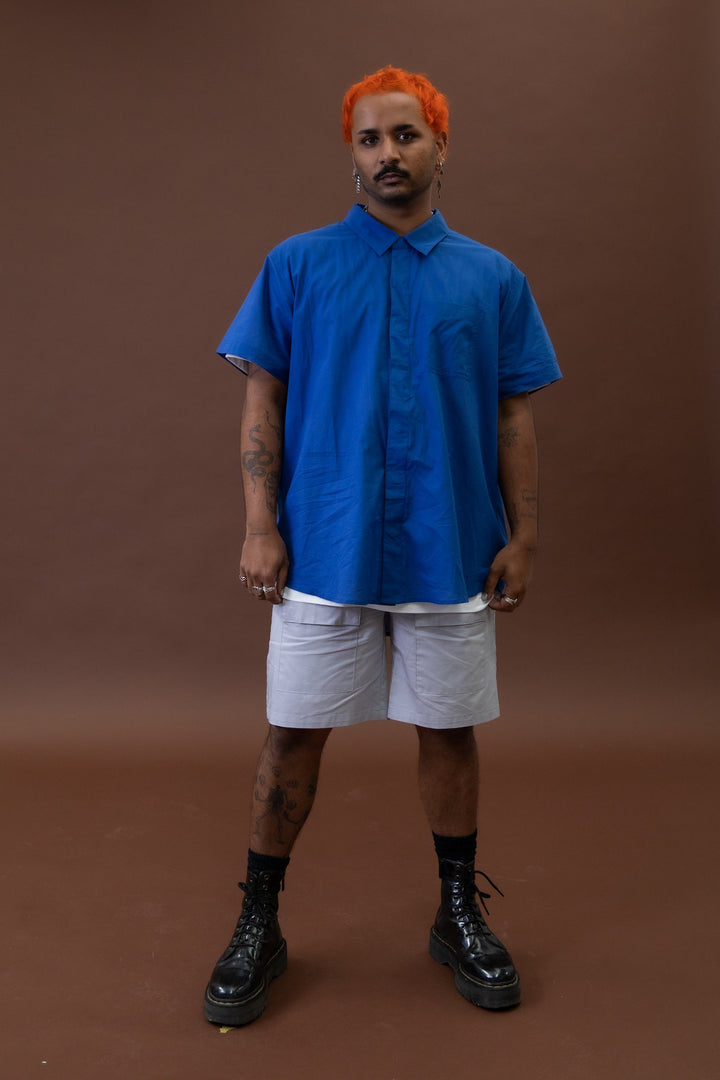Cobalt short sleeve shirt by JAM the Label, featuring a classic fit and magnetic closure, displayed from the front.