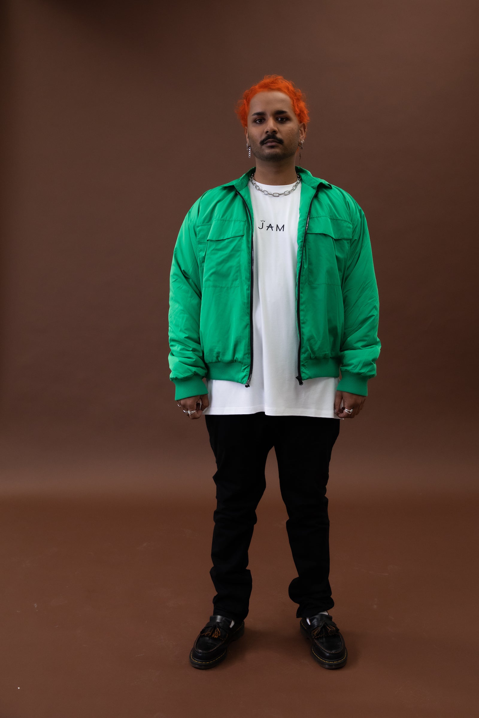 Front view of JAM the Label Magnetic Zip Bomber Jacket, featuring a stylish open design and modern cut.