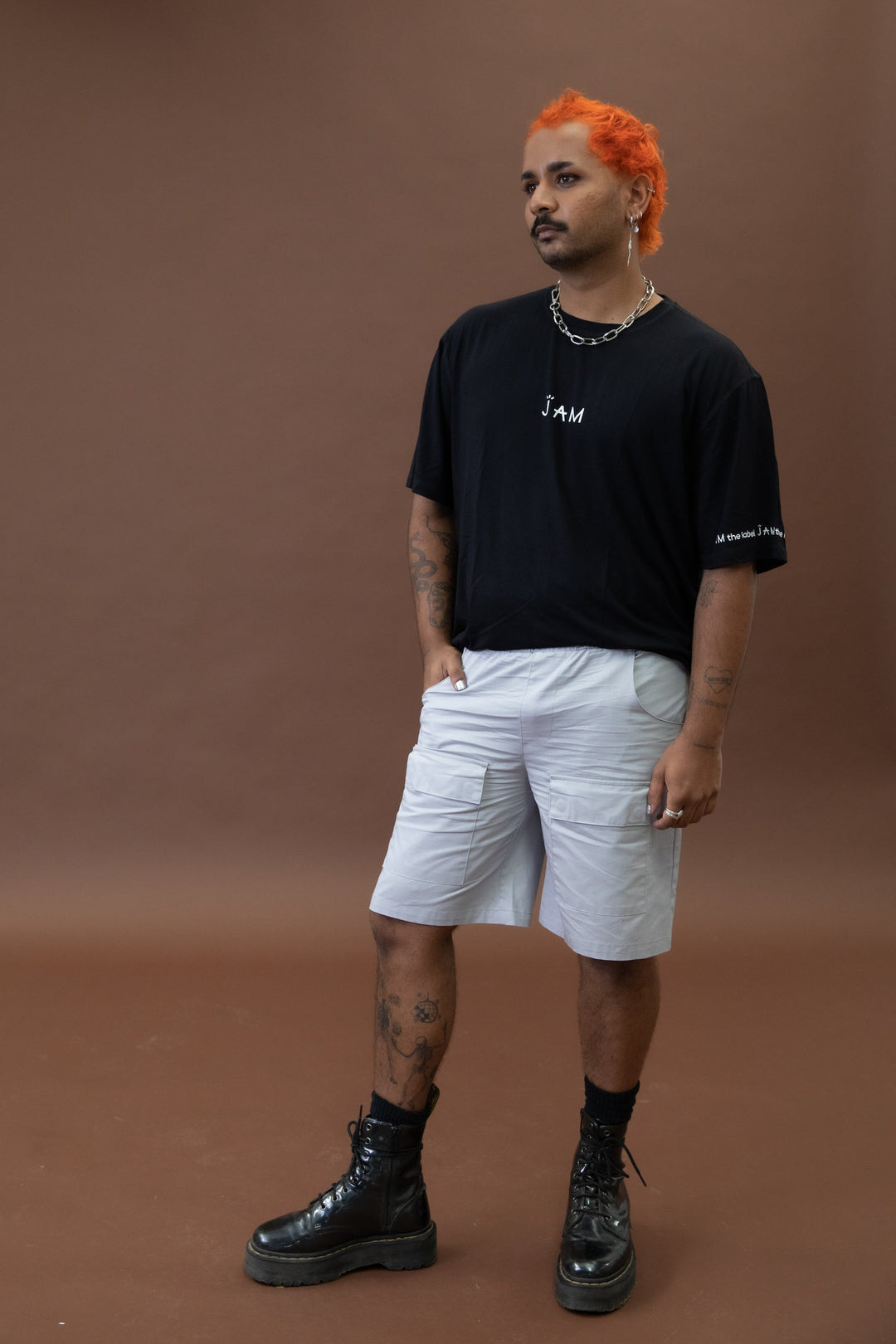 JAM the Label Easy-On Cargo Shorts in khaki with side pockets and adjustable waistband, displayed on a model.