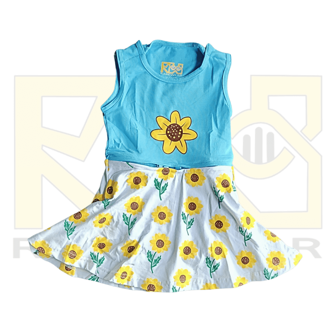 Bright yellow sunflower-themed RareWear OneEase adaptive dress for kids, featuring comfortable fabric and vibrant floral design.