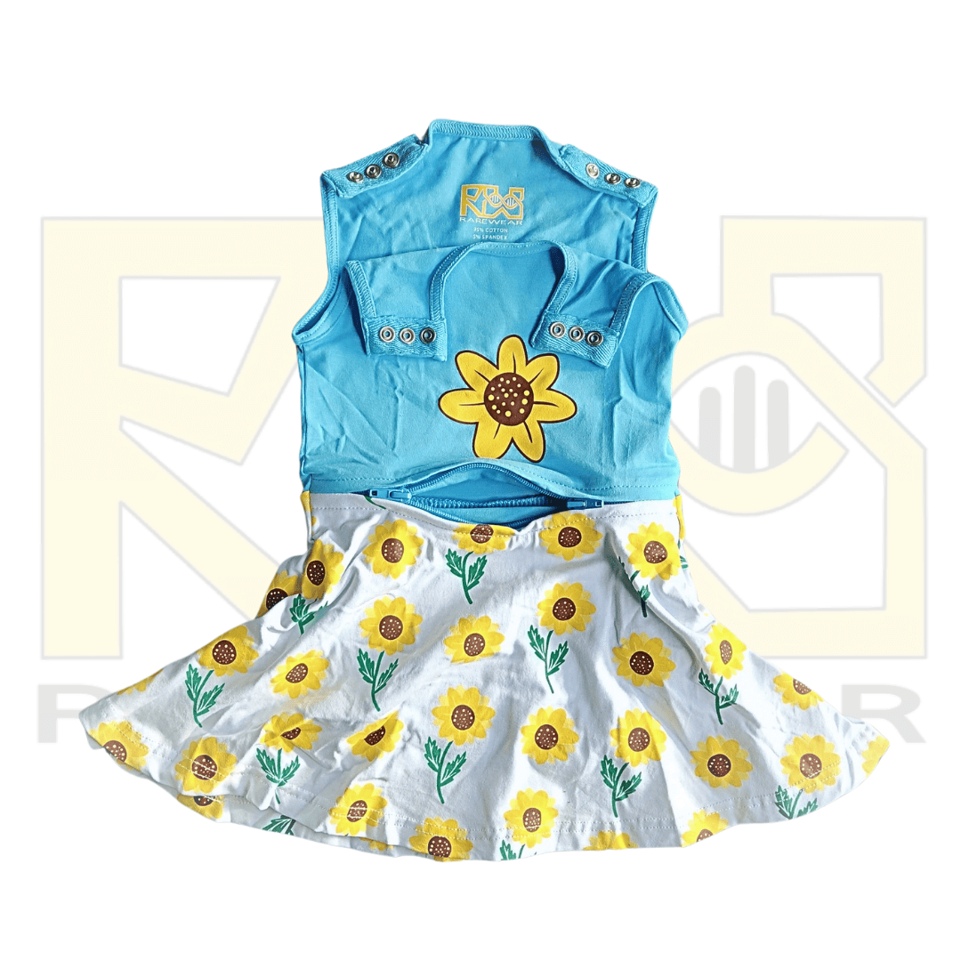 Bright yellow sunflower print RareWear OneEase adaptive dress for kids, featuring comfortable design and vibrant floral pattern.