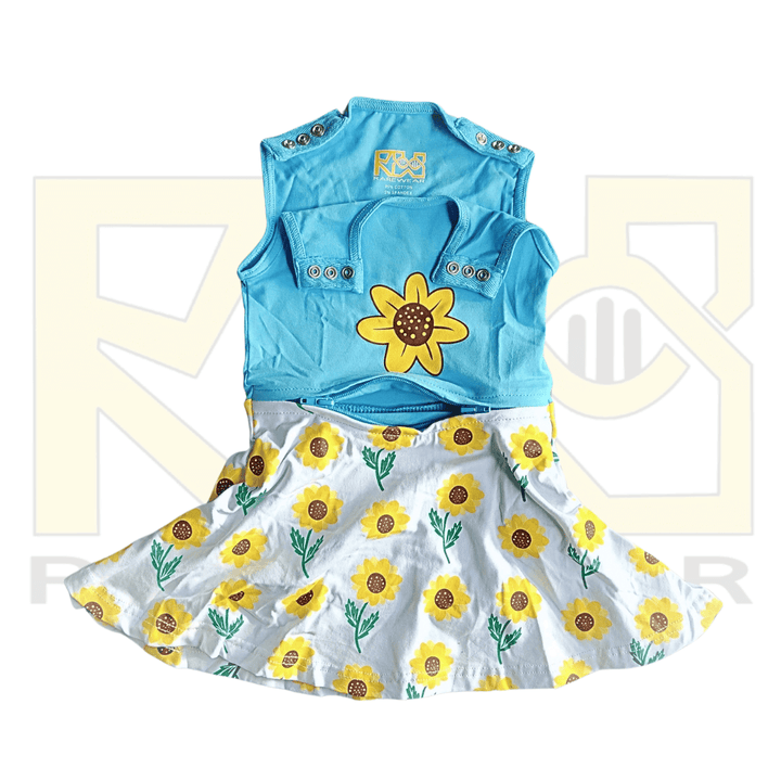 Bright yellow sunflower print RareWear OneEase adaptive dress for kids, featuring comfortable design and vibrant floral pattern.